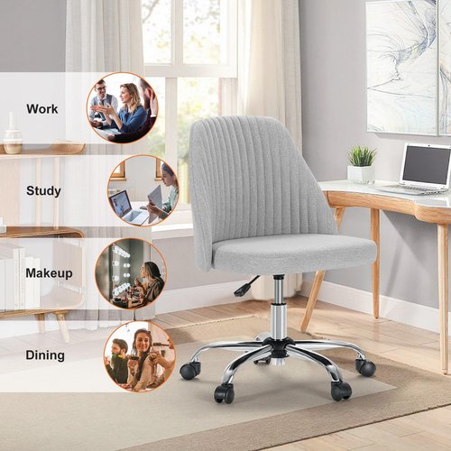 Sweetcrispy Armless Vanity Chair, Cute Comfy Home Office Desk Chair with Wheels, Modern Upholstered Task Computer Seat for Bedroom, Study, Makeup Vanity, Height Adjustable & Swivel, Classic Gray