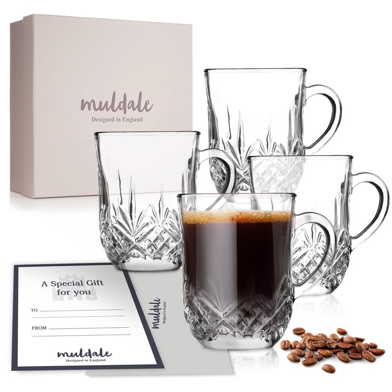Muldale Set of 4 Crystal Coffee Mugs - Clear Glass Irish Tea Cups for Hot Drinks with Handles - Hot Toddy Glasses - 11.15 oz