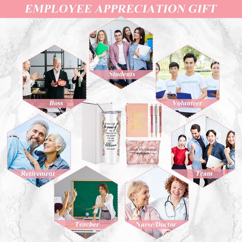 Domensi 6 Pcs Employee Appreciation Gift for Women Teacher Nurse Week Thank You Gift May You Be Proud 20 oz Rustic Marble Sign Tumbler Makeup Bag Journal for Graduation Work Business(Pink)