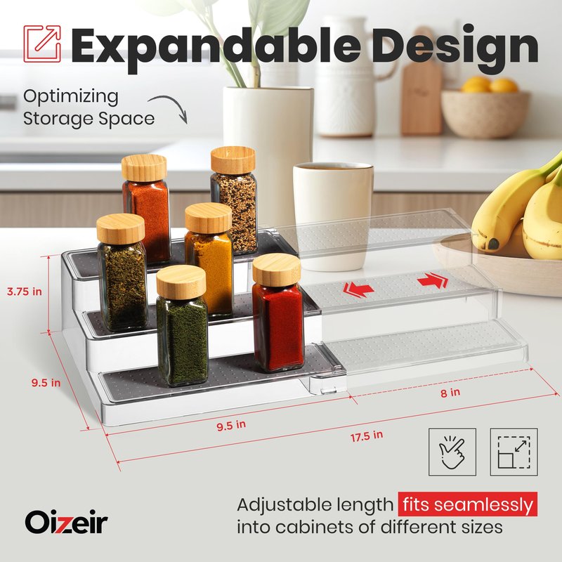 Oizeir Expandable Spice Organizer Rack - 3-Tier - Clear Adjustable Tiered Shelf Spices Organization for Kitchen Cabinet and Pantry Storage