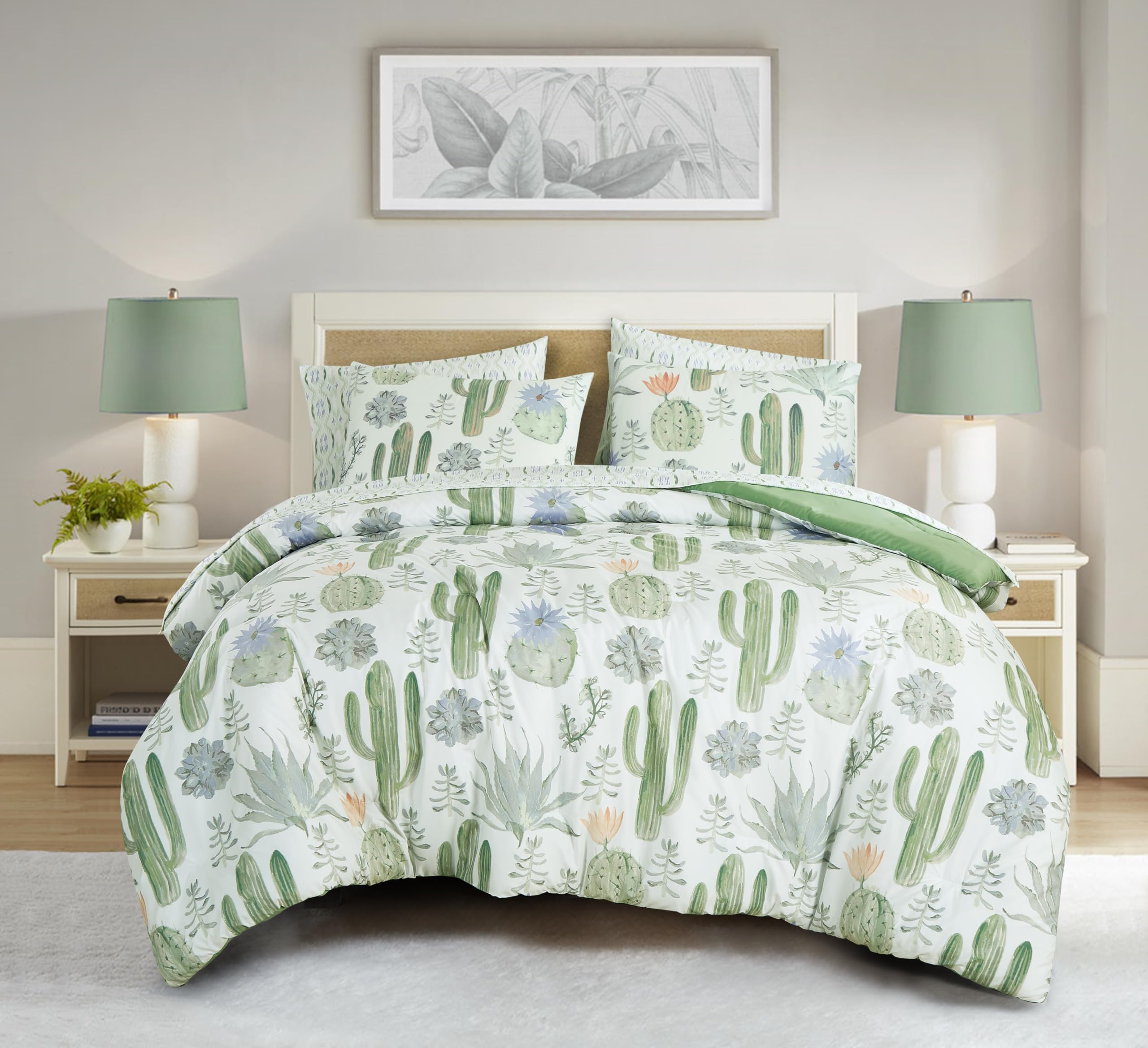 Chezmoi Collection Gregory 7-Piece Serene Lodge Bed in a Bag Queen Comforter Set - Green Blue Cactus Succulent Plant Printed Microfiber Bedding Set