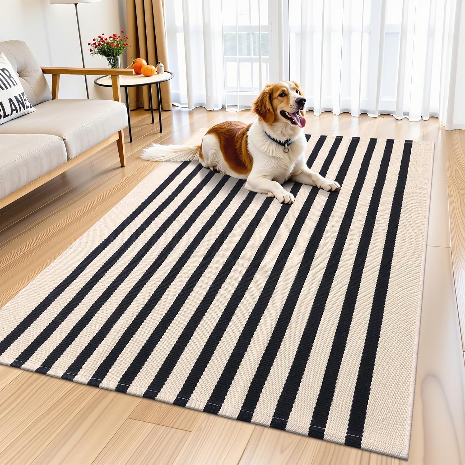 OLANLY Striped Rug - Washable Beige and Black Cotton Doormat 4' x 6' for Indoor/Outdoor Use
