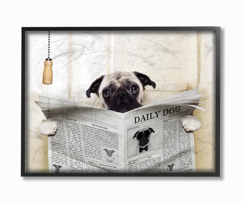 Stupell Industries 'Pug Reading Newspaper in Bathroom', Framed Giclee Art, Black, 20 x 16 Inches, Easy to Hang and Sturdy, Made in USA, by In House