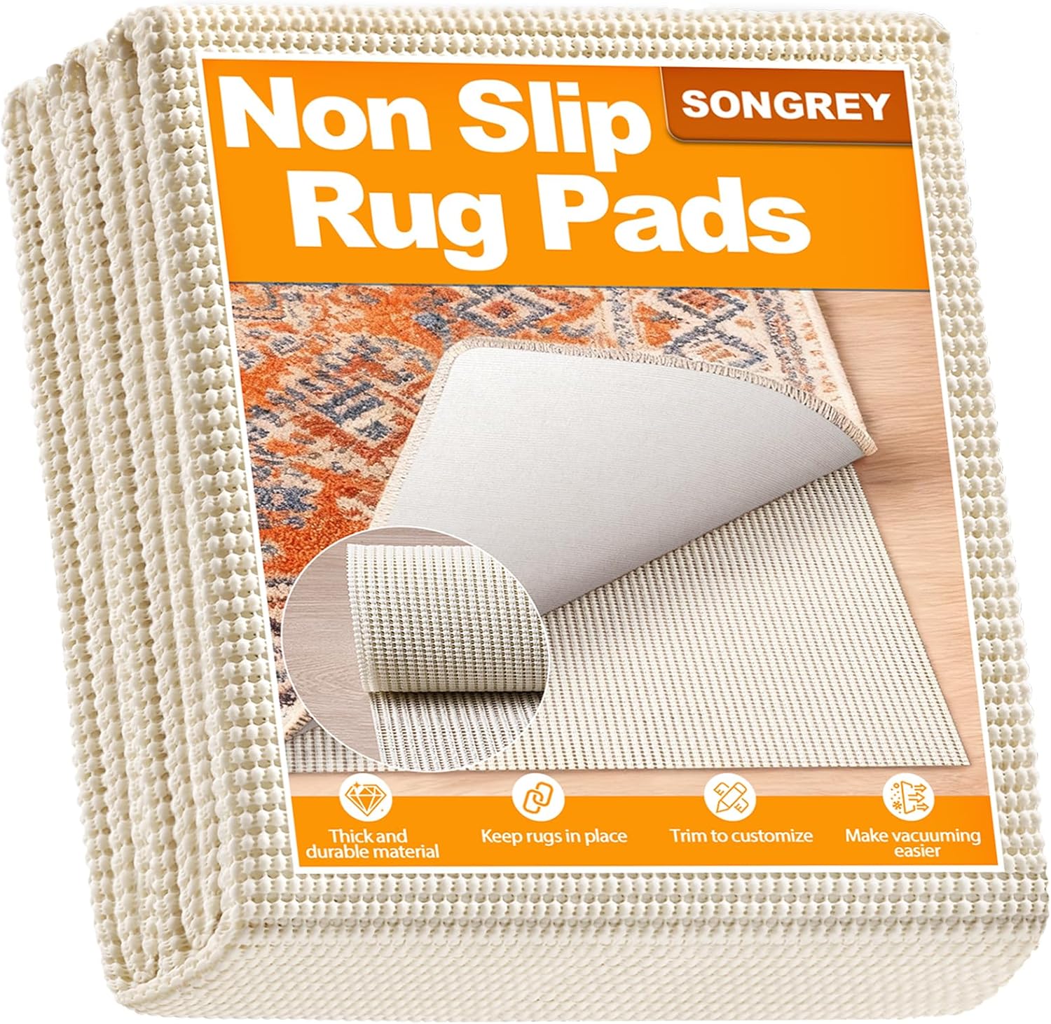 Songrey Non-Slip Rug Pad Gripper - Extra Thick 2x3 FT Carpet Pad for Hard Surfaces | Prevents Sliding & Provides Comfort