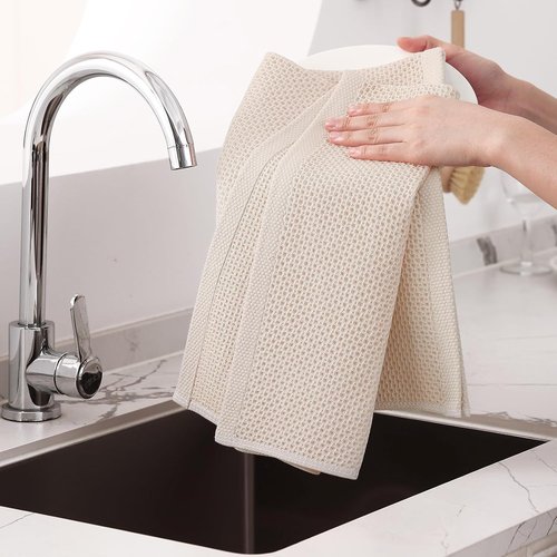 Homaxy 100% Cotton Waffle Weave Dish Towels - Ultra Soft & Absorbent | 20x28 Inches, 6-Pack, Beige