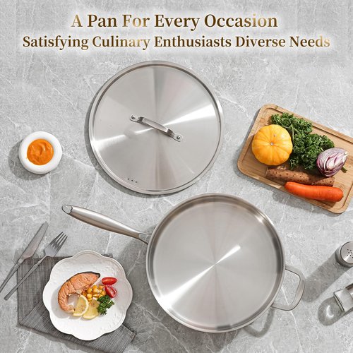 DELARLO 5QT Saute Pan Tri-Ply Stainless Steel Pan, 12Inch Deep Frying Pan with Steel cover, Kitchen Large Skillet,Heavy Duty Style Compatible With All Cooktops Up to 650℉