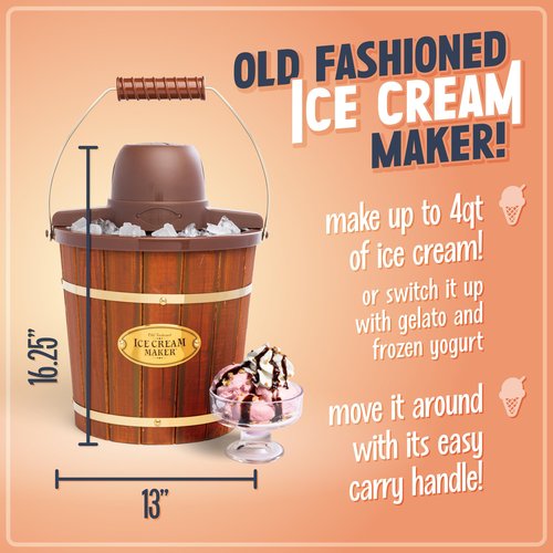 Nostalgia Electric Ice Cream Maker - Old Fashioned Soft Serve Ice Cream Machine Makes Frozen Yogurt or Gelato in Minutes - Fun Kitchen Appliance - Vintage Wooden Style - Dark Wood - 4 Quart