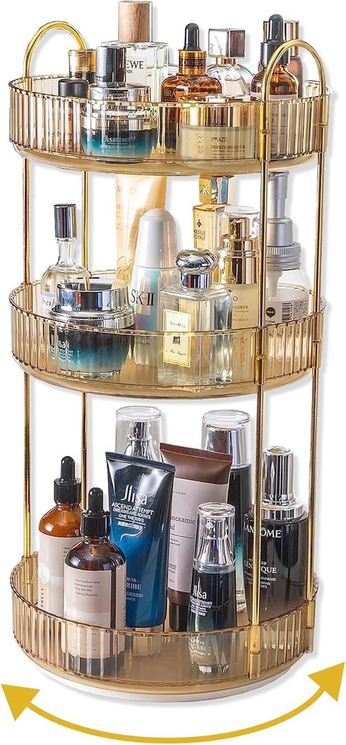 Asayuee 360° Rotating Makeup Organizer - Large Capacity 3-Tier Vanity Storage in Gold