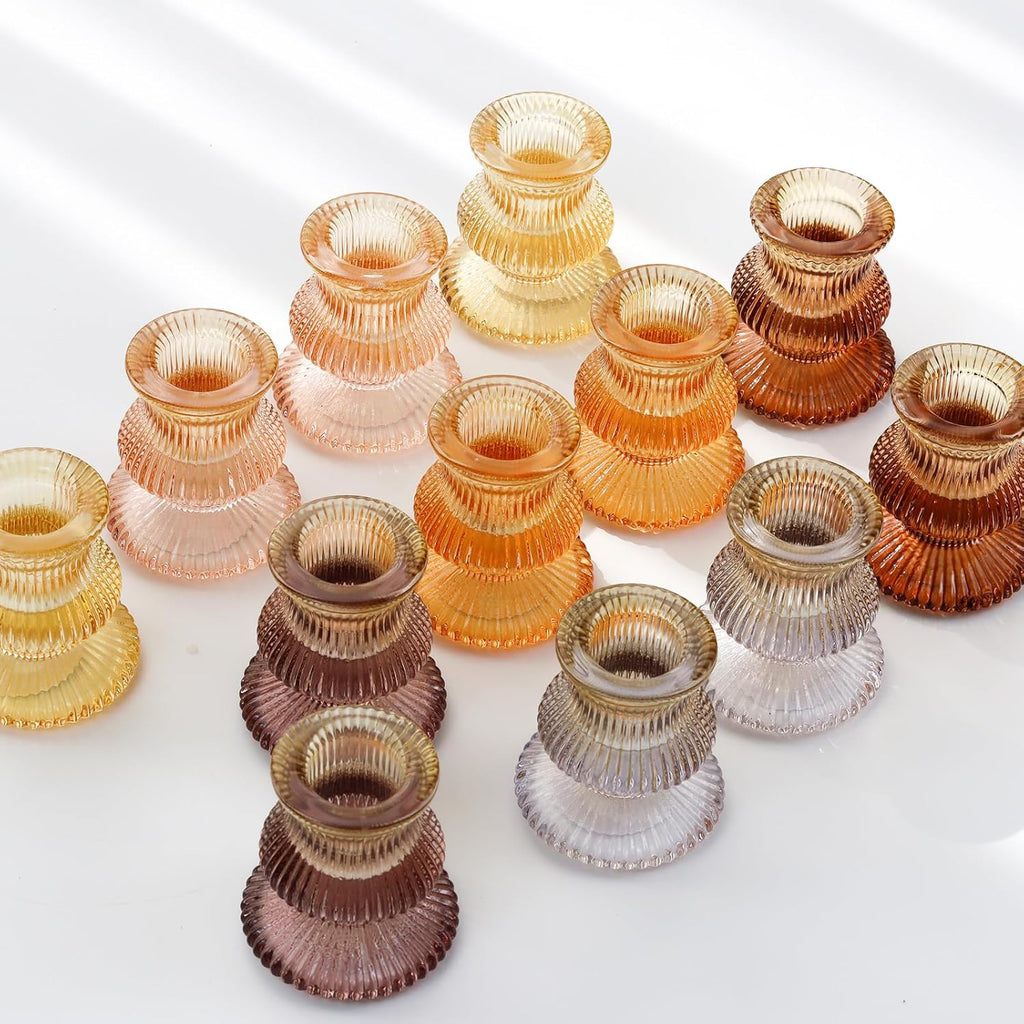 WDHODEC Orange Candlestick Holders - 12PCS Glass Taper Holders for Colorful Table Centerpieces