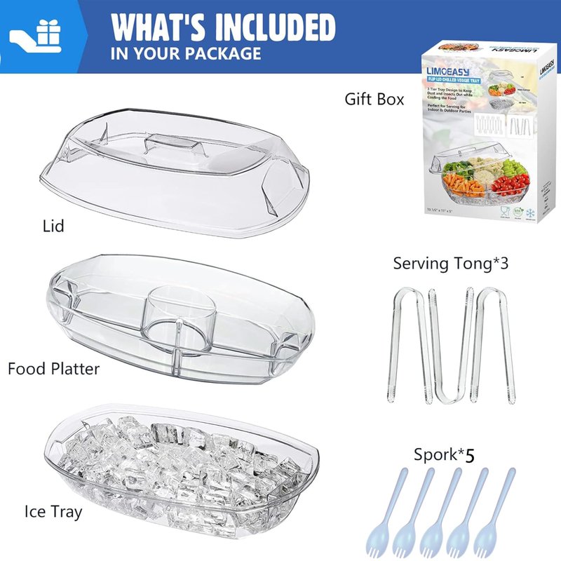 LIMOEASY Chilled Veggie Tray, 15 Inch Clear Party Platter with 4 Compartments, Ice Serving Bowl with Lid, Cold Food Buffet Server for Fruit, Vegetable, Appetizer, Shrimp