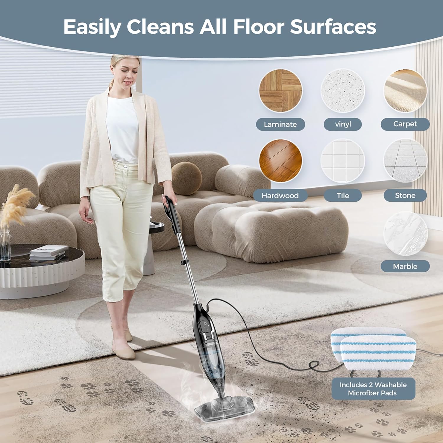 Skiennix 12-in-1 Handheld Steam Mop - Powerful Multi-Purpose Cleaner for Floors, 565ML Tank, 23FT Cord