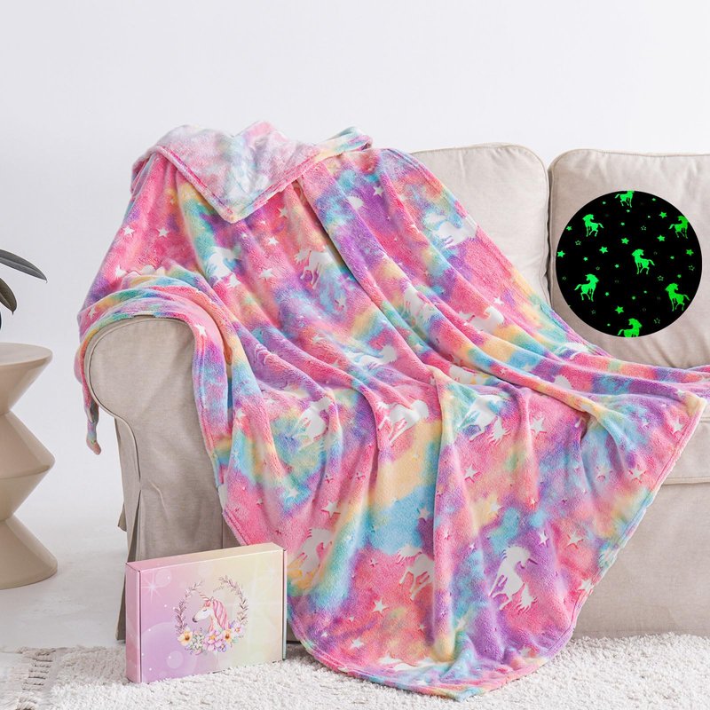 QSTEHEML Glow in The Dark Unicorn Blanket ，Birthday Gift for Girls Age 3-12 Years Old, Unicorns Toys Girls Presents for Grandkids, Soft Unicorns Throw Blanket for Daughter 50"×60"
