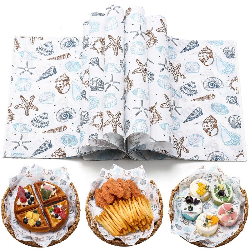 AmazingSpark 150 Pcs Deli Wax Paper Sheets for Food 8 x 10 Inch Greaseproof Waterproof Sandwich Wrapping Paper Basket Liner for Outdoor Picnic Beach Wedding Birthday Baby Shower (Seashell Starfish)