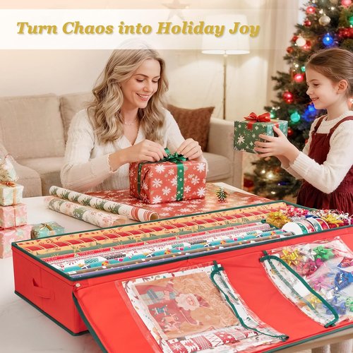 Criusia Gift Wrapping Paper Organizer - Durable Underbed Storage for 24 Rolls | Red with Removable Dividers & Pockets