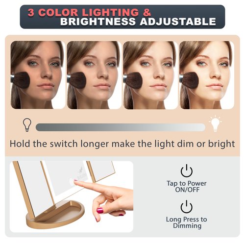 RoLeDo Lighted Makeup Mirror with Magnification 2X 3X 10X, Trifold Vanity Mirror with Lights, Touch Screen, 72 LED 3 Color Lighting, Dual Power, Leopard Print – Stylish Gift for Women & Teen Girls