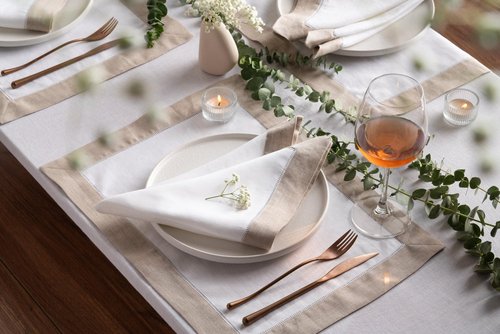 Linen Placemats Set of 4-100% Flax Linen White and Natural Placemats 14 x 19 inch - Classic Hemstitch Placemats Washable for Fall, Thanksgiving, Christmas and Winter Decor