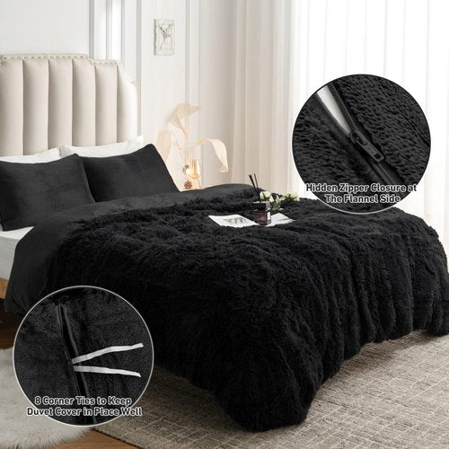 CHOSHOME Plush Shaggy Duvet Cover King Size, 3 PCS Fluffy Comforter Fuzzy Flannel Bedding Sets(1 Faux Fur Duvet Cover + 2 Pillowcases), Zipper Closure & 8 Corner Ties, Black