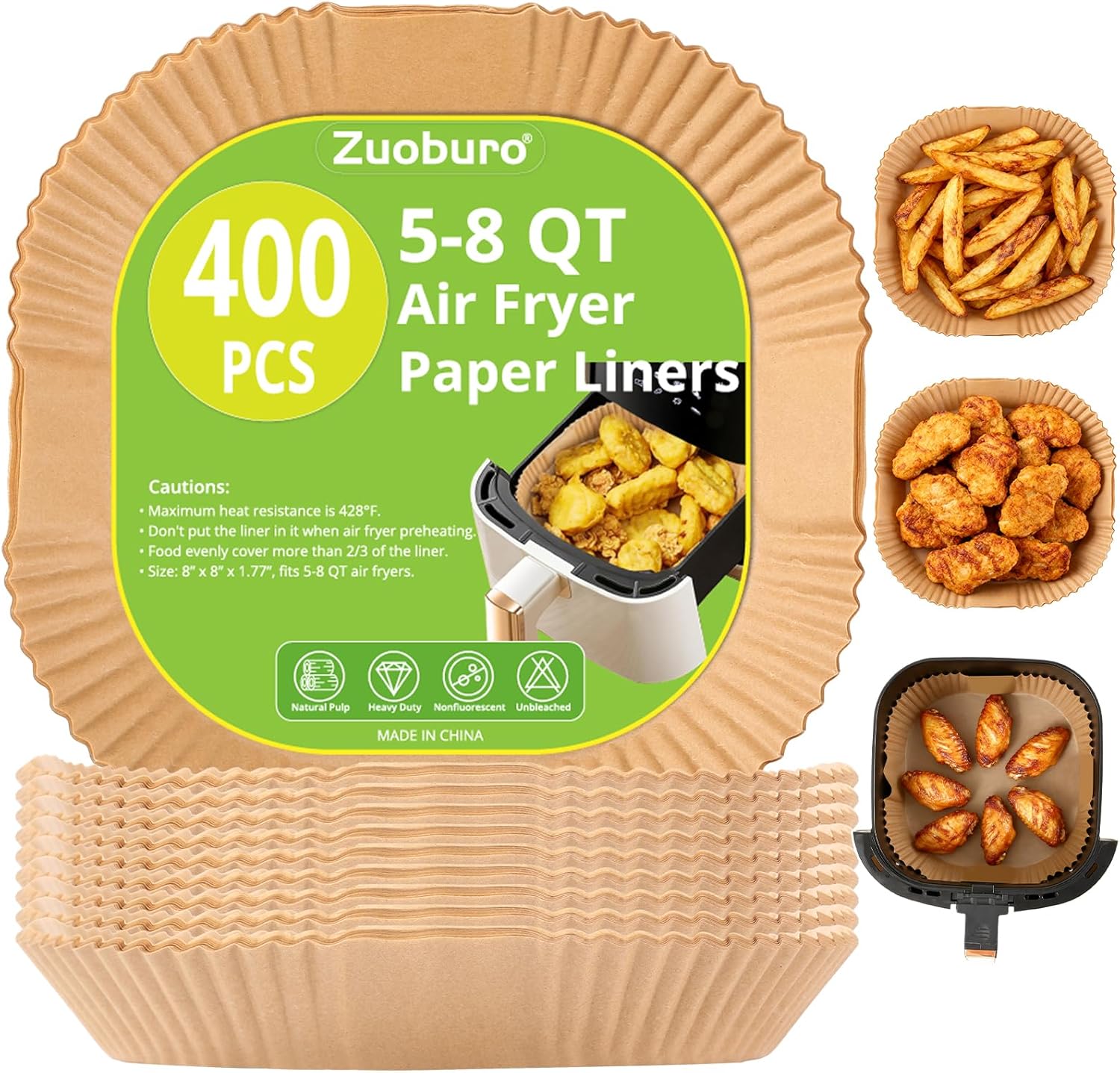 Skiennix Air Fryer Paper Liners - 400 Pcs Unbleached Non-Stick Parchment for 5-8 QT | 8 Inch Square
