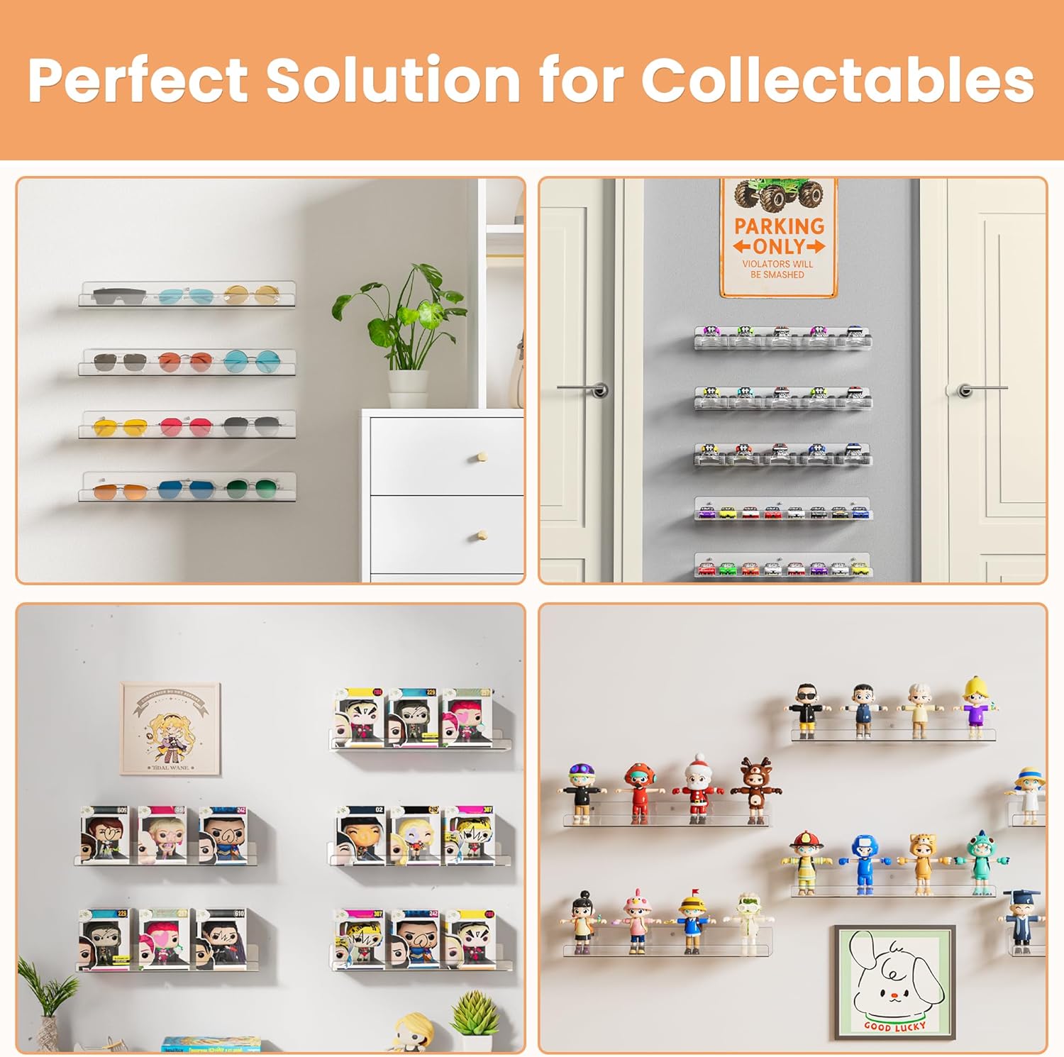 Upsimples Acrylic Floating Shelves - Versatile Wall Organizer for Bathroom, Bedroom & Living Room | Clear, 15" - 4 Pack