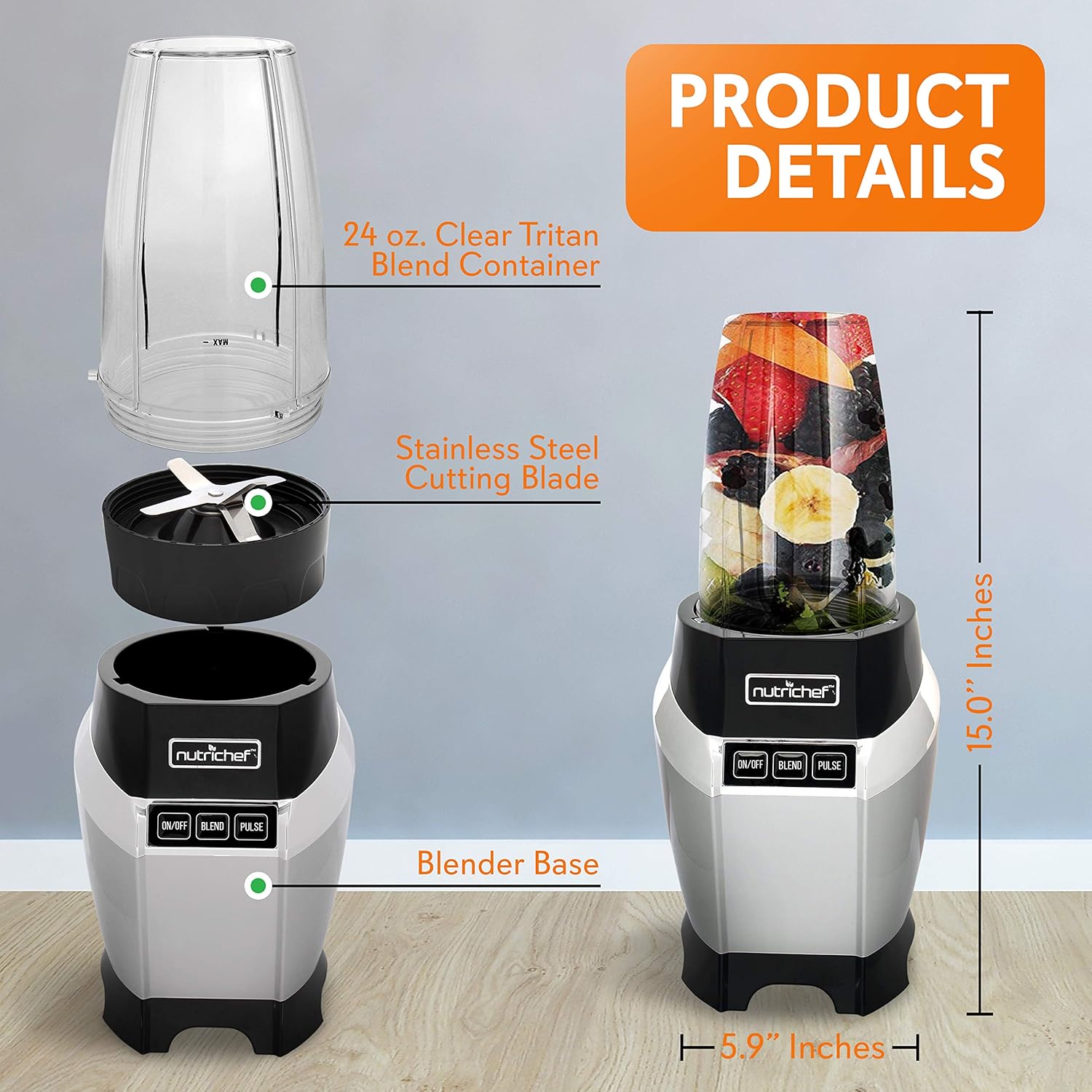 NutriChef Personal Electric Blender - Compact Mini Blender for Smoothies & Shakes | 20 & 24 oz Cups, Black