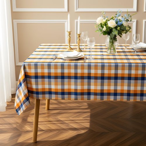 LOSIVISHE Fall Plaid Waterproof Tablecloth – Orange, Blue & White Check Pattern – Thanksgiving Harvest Table Cover, Stain-Resistant & Durable, W60 x L144 in
