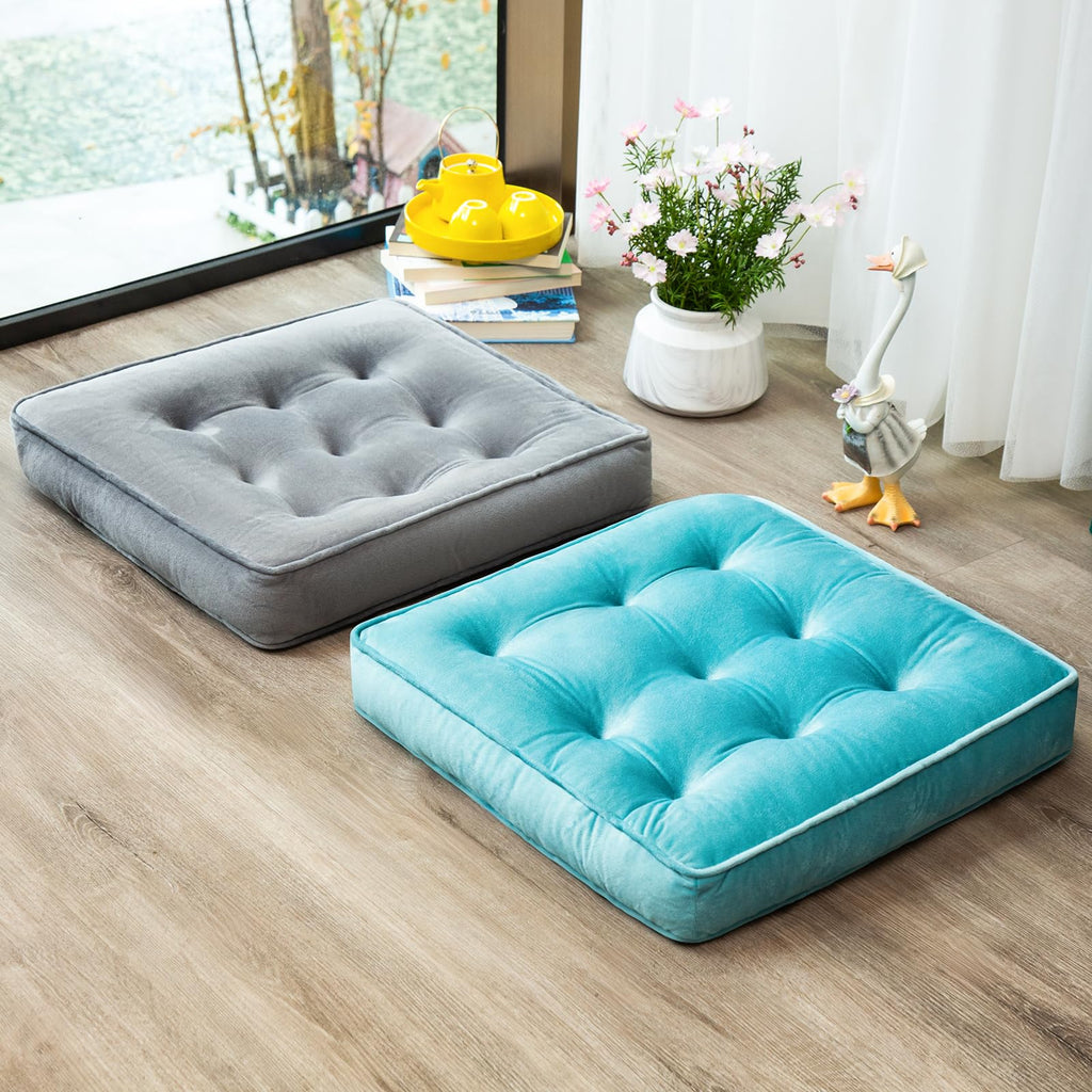 1 MIDDLE ONE Floor Pillow Set of 2, Memory Foam Meditation Cushion, Floor Cushions for Adults Sitting, Large Square Seat Cushions for Yoga, Couch, Sofa, Kids, Living Room, 20x20 Inch (Blue)