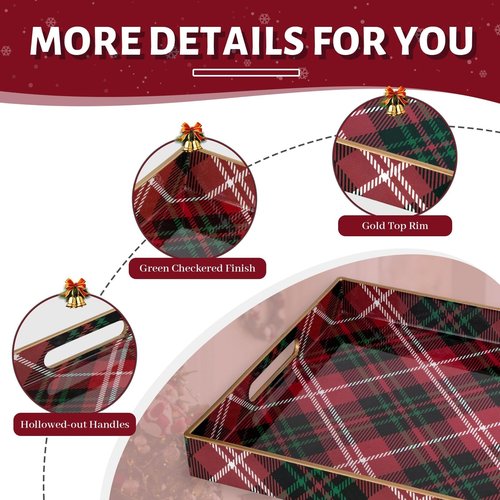 MAONAME Christmas Decorative Tray, Plastic Red Serving Tray with Handles, Modern Rectangular Christmas Trays, Coffee Table Trays for Living Room, Home Decor, 15.7" x 11.8" x 1.6"