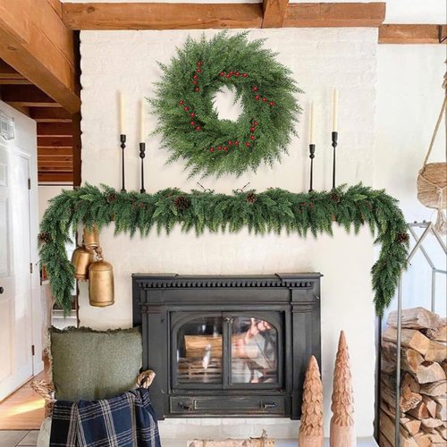 Lush Christmas Wreath - 24-Inch Real Touch Faux Cedar with Red Berries | Indoor/Outdoor Holiday Decor