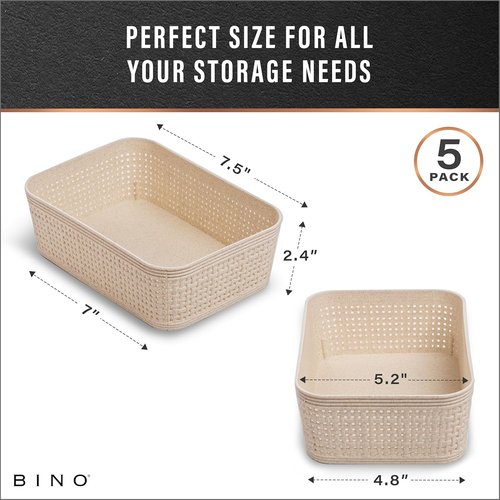 BINO Woven Plastic Basket - Stylish Home Organization | XS Natural, 5-Pack | Space-Saving Design