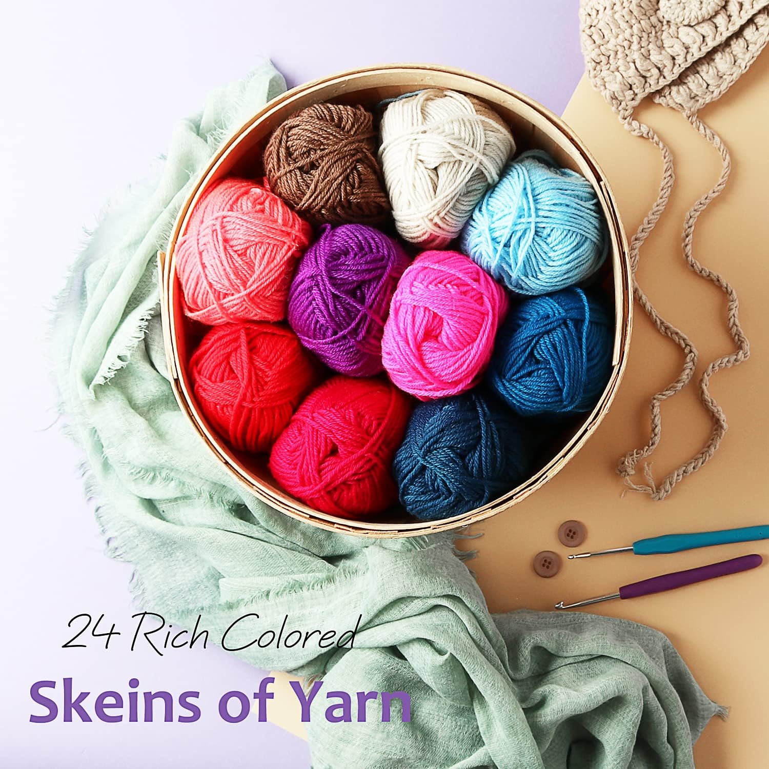 Skiennix Acrylic Yarn Skeins - Soft Multicolored Crochet Yarn for Knitting & Crafts | 24 Pack, 2400 Yards