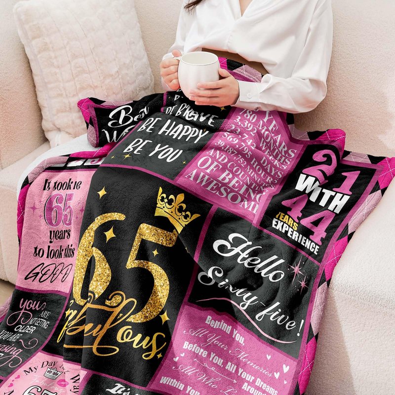 Yomaisky 65th Birthday Gifts for Women 65th Birthday Decorations for Women Gifts for 65th Birthday Happy 65th Birthday Gifts Best 65th Birthday Gift Ideas for Wife Mom Sister Blanket 60x50 Inch(Pink)