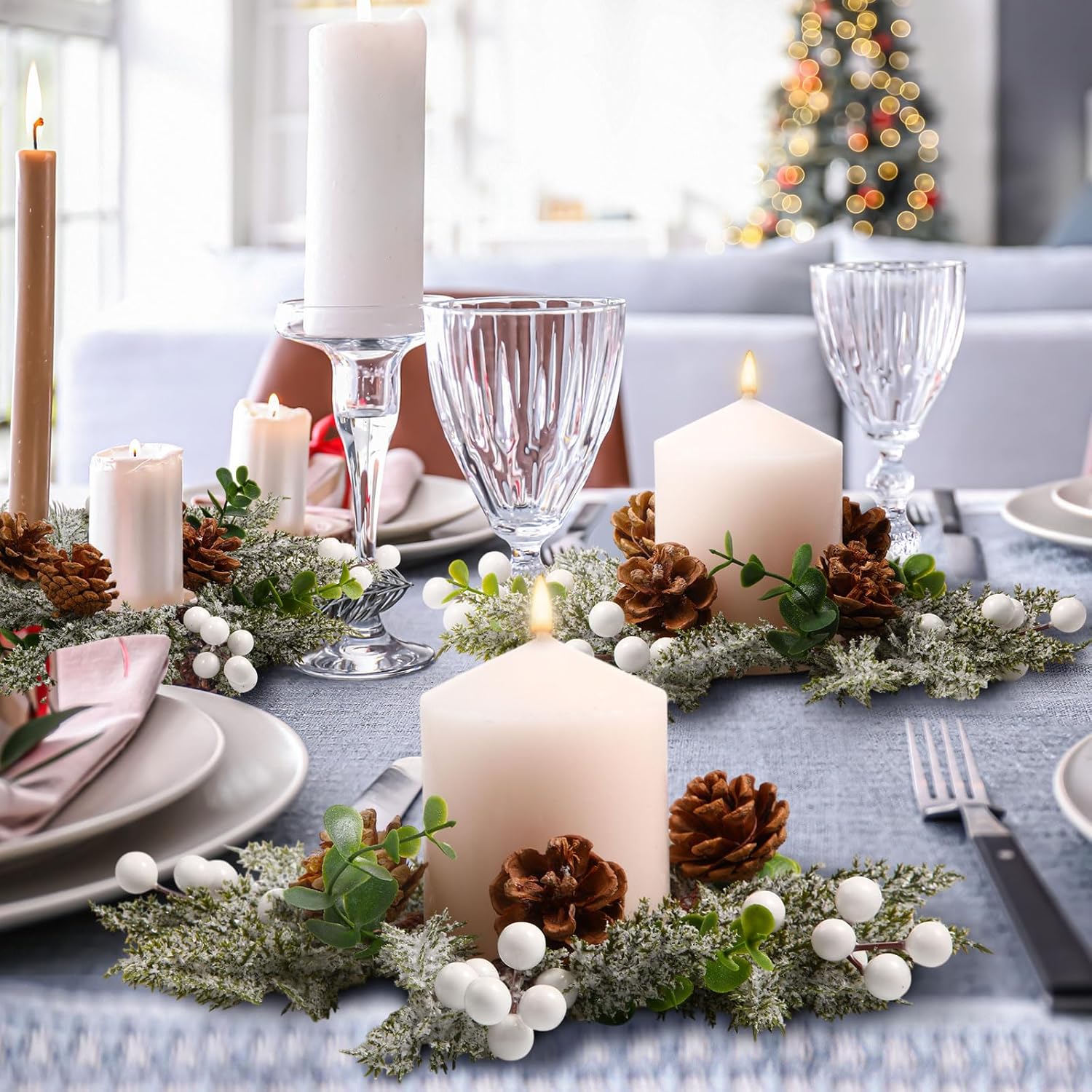Vercraft 8" Christmas Candle Rings - Snowy Pine Garland with White Berries & Pine Cones | Set of 6