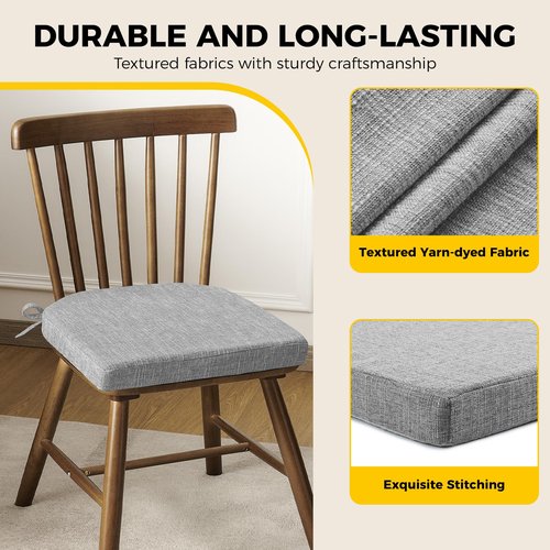 downluxe Indoor Chair Cushions for Dining Chairs, Soft and Comfortable Textured Foam Kitchen Chair Pads with Ties and Non-Slip Backing, 16" x 16" x 2", Light Grey, 6 Pack