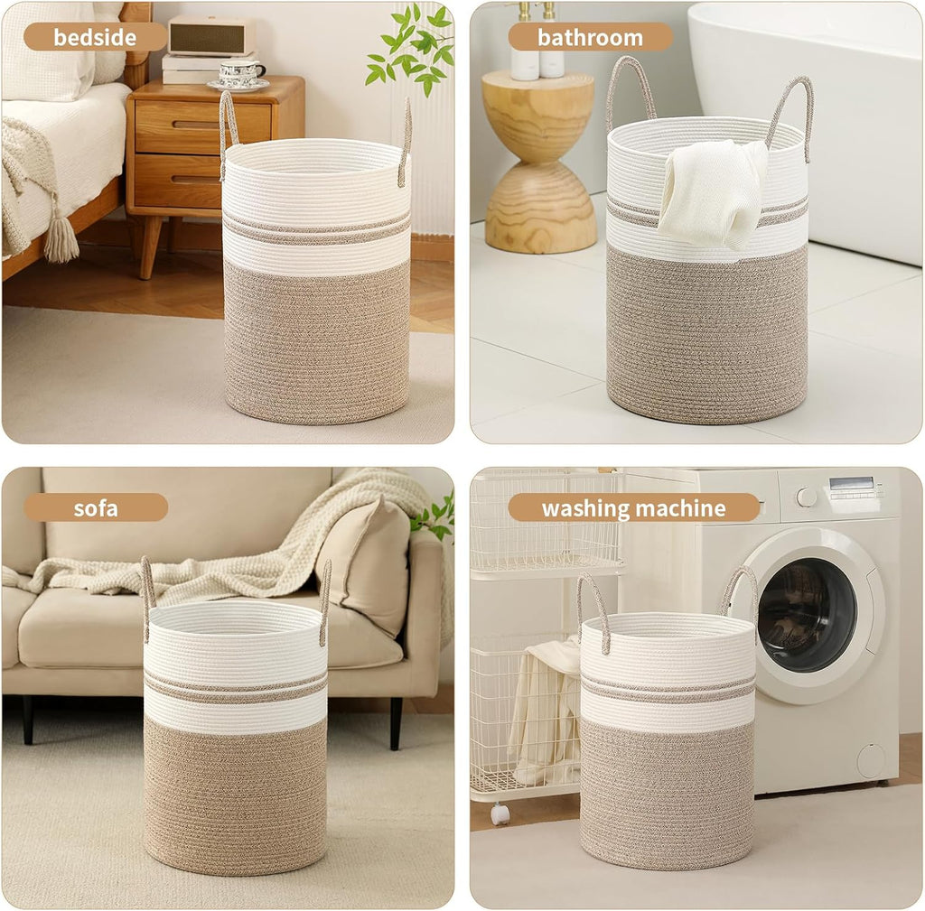 Skiennix Laundry Basket Hamper - Tall Woven Rope Storage for Blankets & Toys | 60L, Brown & White