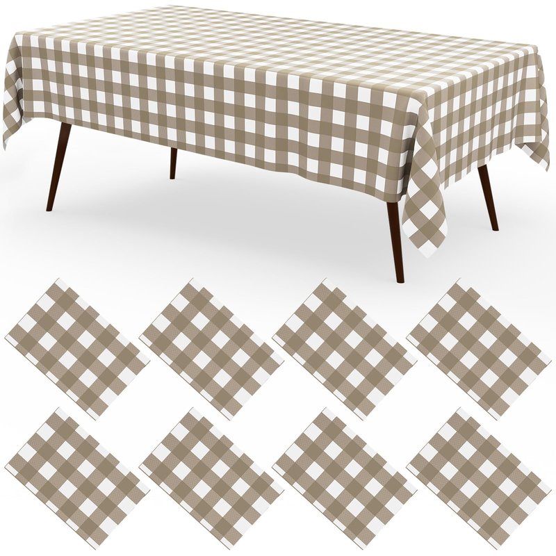 misaya 8 Packs Buffalo Disposable Table Cloth, 54 x 108 Inch Waterproof Plastic Tablecloth, Rectangle Khaki and White Checkered Table Covers for Picnic, Birthday, Party