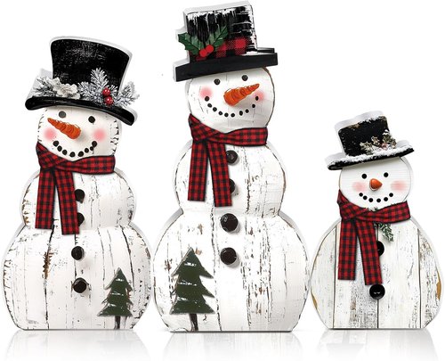 Barydat Christmas Snowman Wooden Decorations - Rustic Table Centerpieces for Holiday Decor | 3 Pcs Set