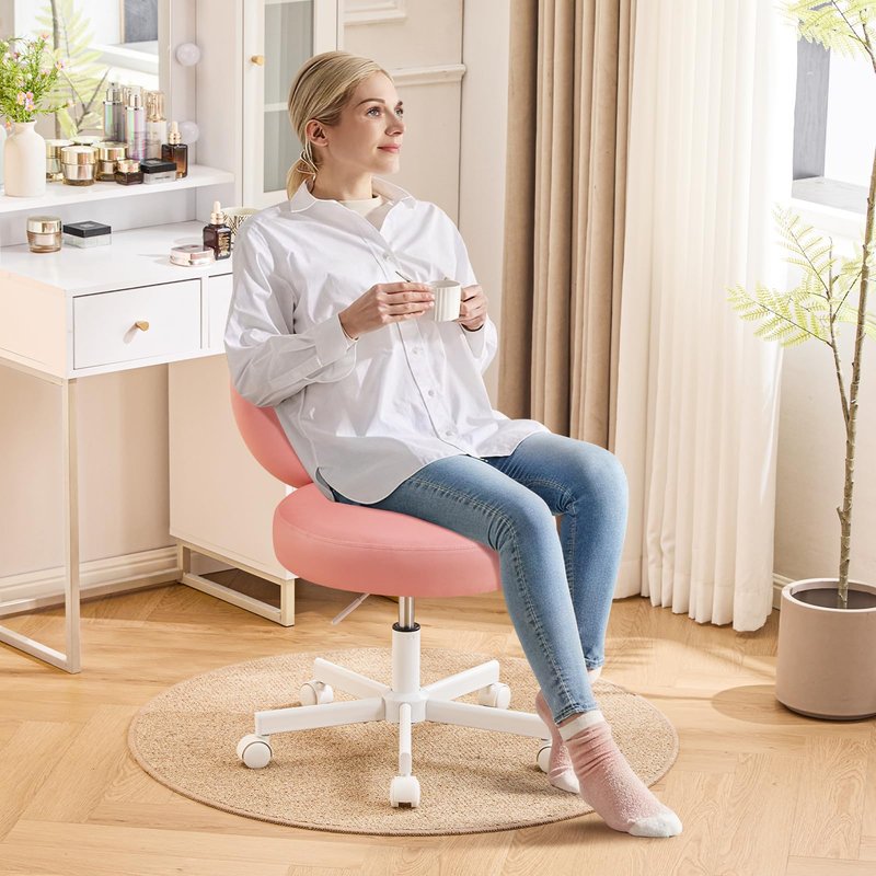 Furniliving Round Velvet Vanity Chair with Wheels, 360° Swivel Armless Desk Chair, Adjustable Height Rolling Makeup Chair for Bedroom Study Room, Pink