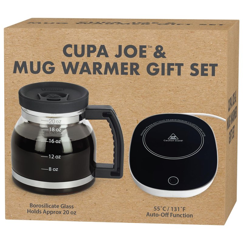 Electric Mug Warmer + Cupa Joe 20oz Diner-Style Mug Gift Set – Borosilicate Glass with Spill-Proof Lid – Unique Coffee Cup for Home, Coworkers, or Desk Use