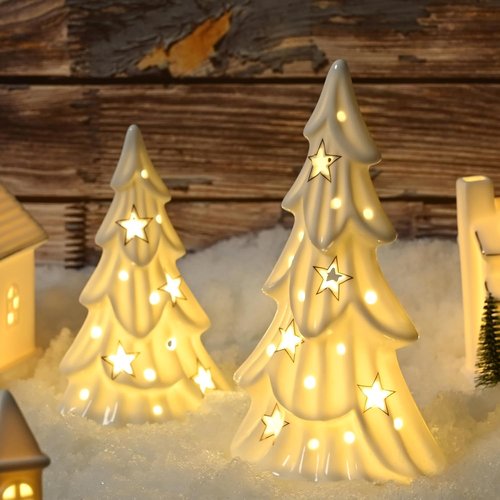 AOMOONOA Ceramic White Christmas Trees - 2Pcs Light-Up Tabletop Porcelain Xmas Tree Figurines for Modern Home Decor