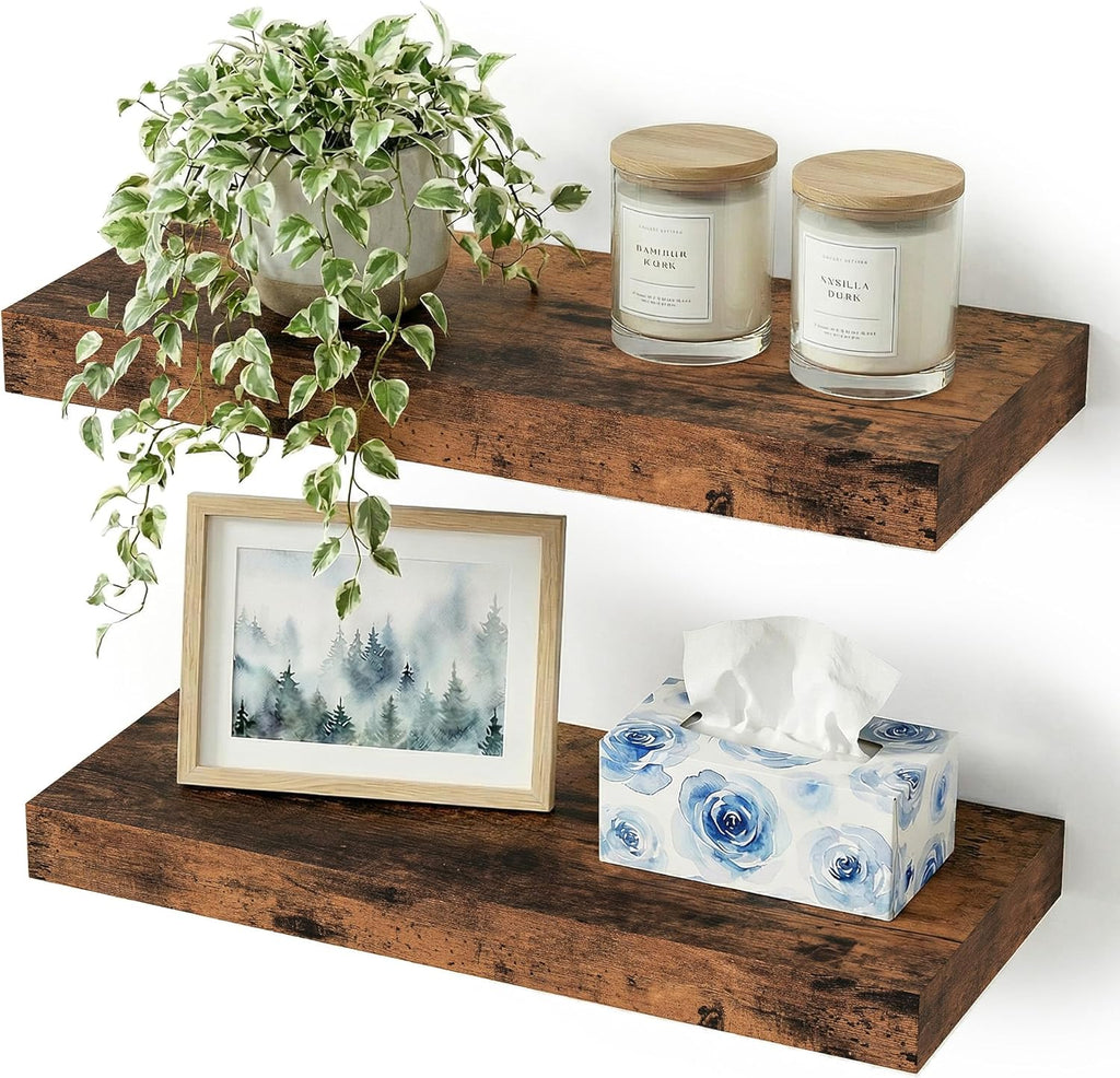 Vivelove Floating Wall Shelves - 16-Inch Rustic Brown Display Shelves with Invisible Brackets | Set of 2 for Home Decor