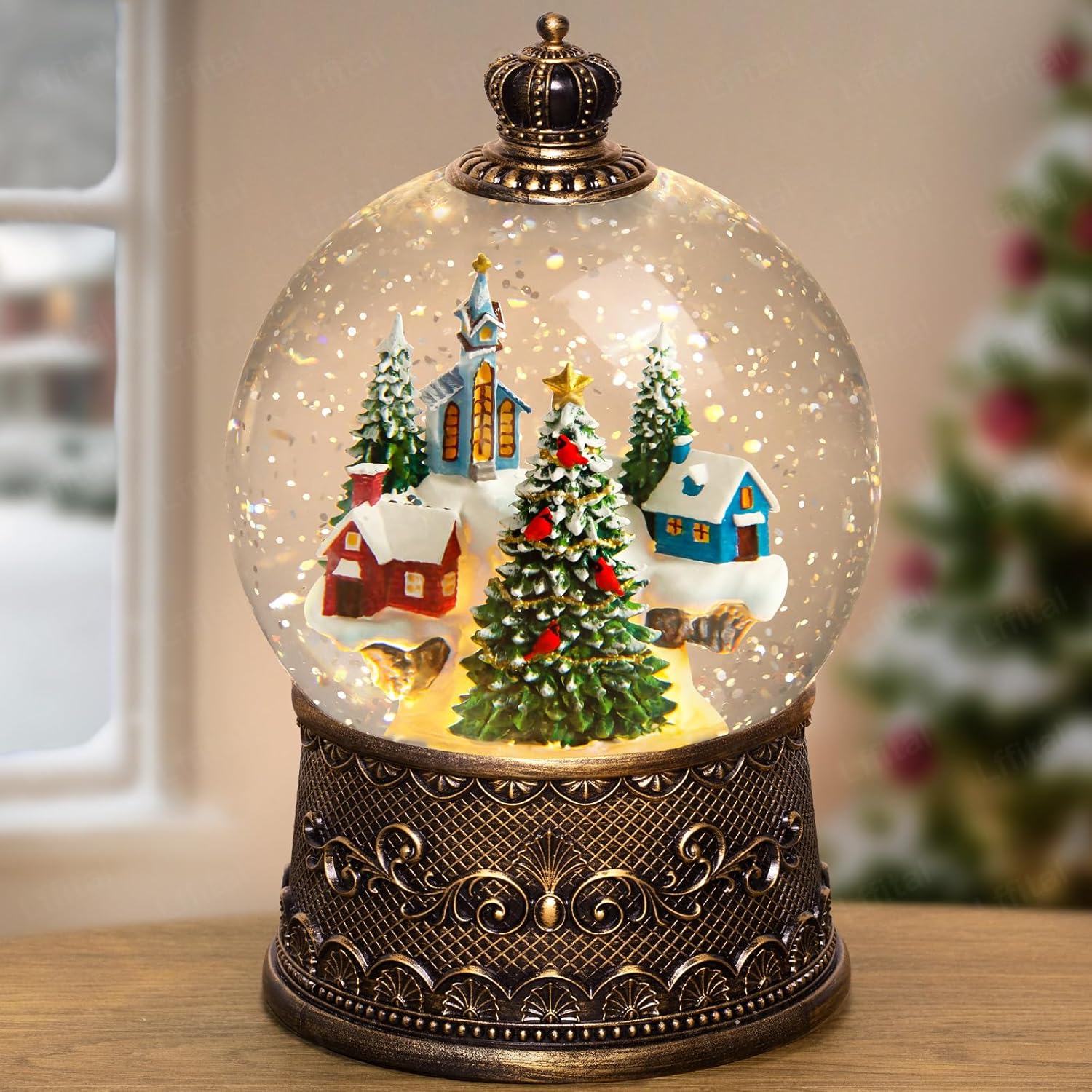 Regine Switzerland Christmas Snow Globe Lantern - Lighted Indoor Decorations with Music & Timer, Mountain Church Design