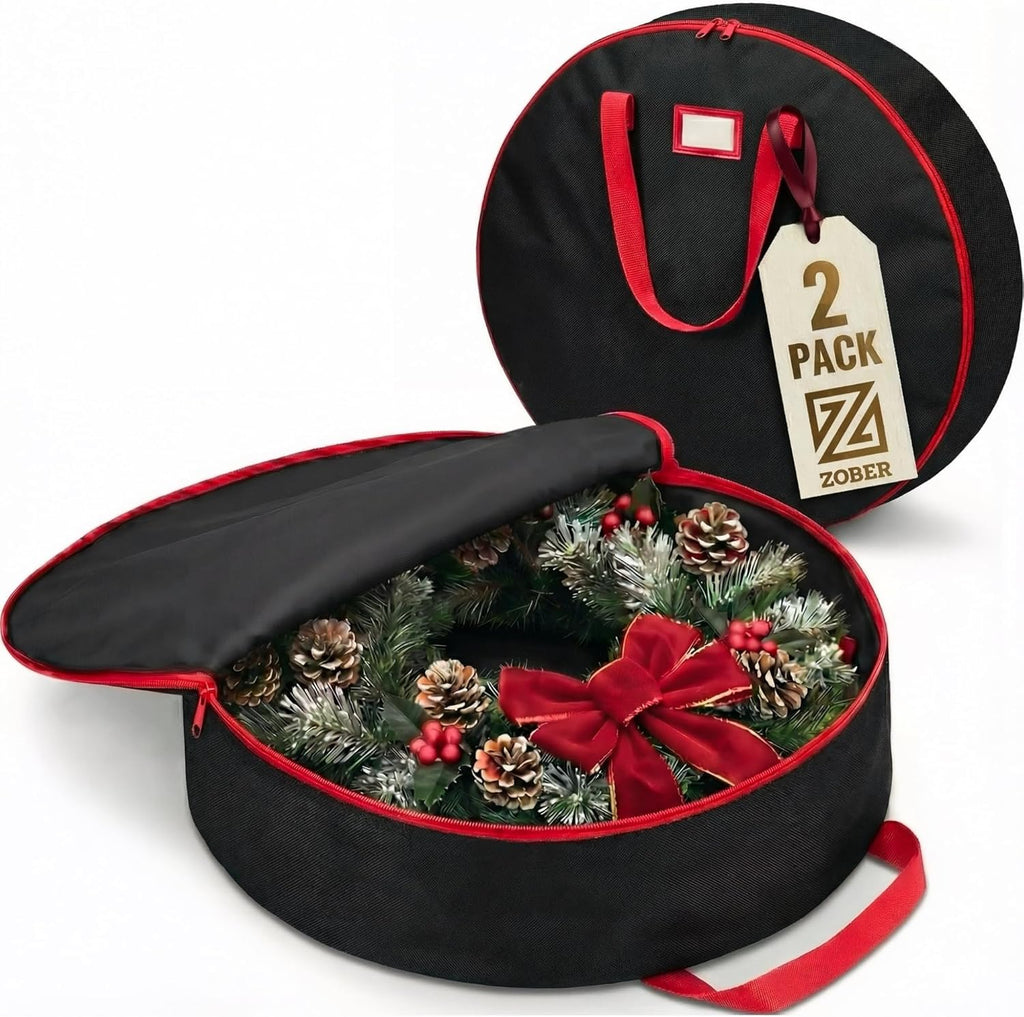 ZOBER Oxford Christmas Wreath Storage Container - 24 Inch Waterproof Bag with Dual Zippers & Durable Handles - Black