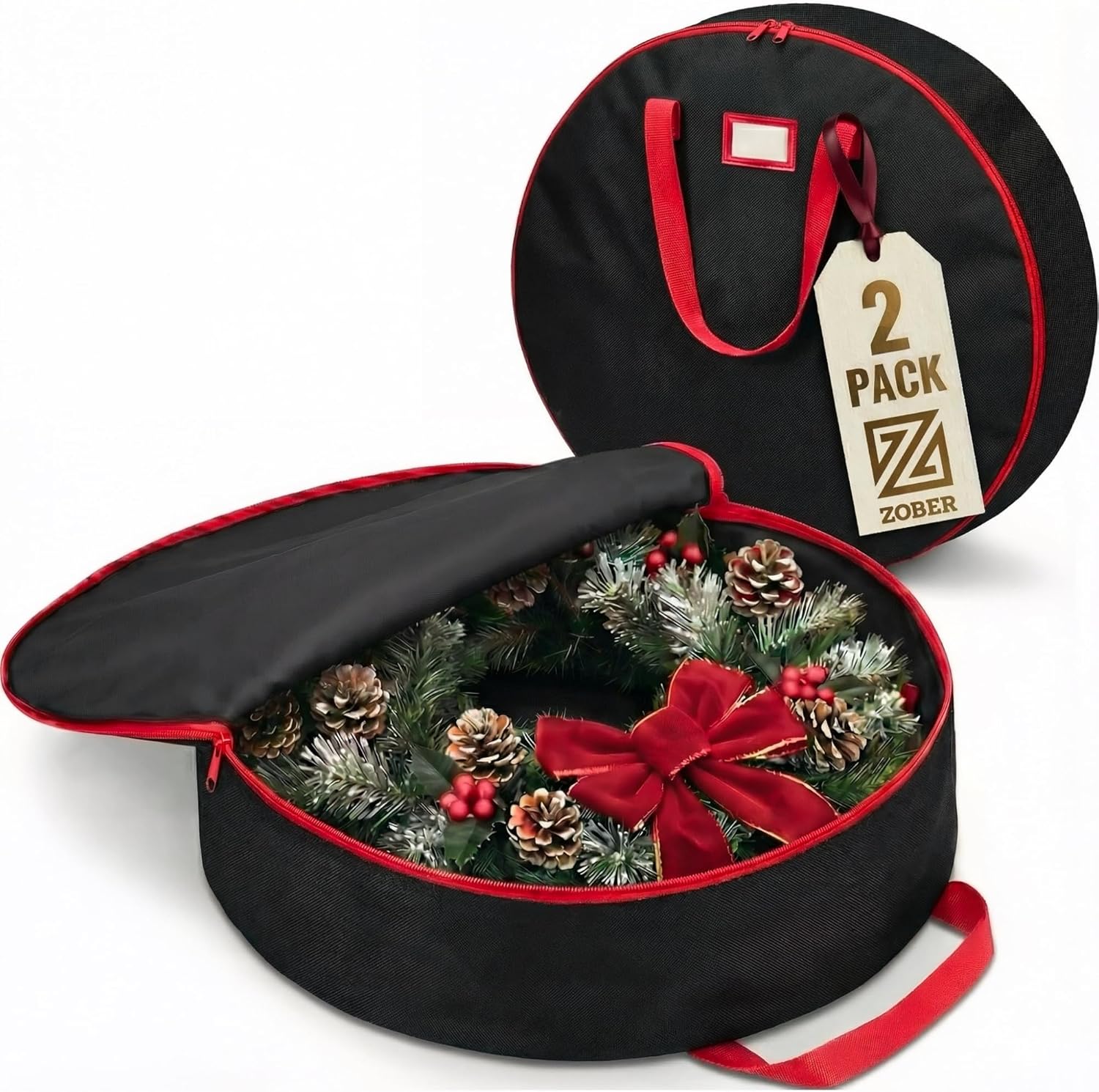 ZOBER Oxford Christmas Wreath Storage Container - 24 Inch Waterproof Bag with Dual Zippers & Durable Handles - Black