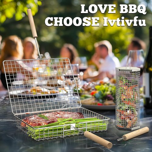 Ivtivfu Grill Basket Set - Removable Wooden Handle, 304 Stainless Steel BBQ Tools for Vegetables & Fish