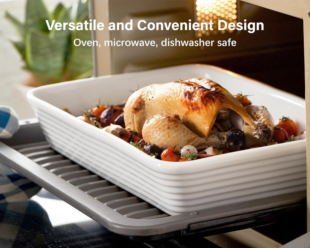 ONEMORE Ceramic Baking Dish - 9x13 Large Rectangular Casserole Pan for Family Meals | Ribbed White Bakeware