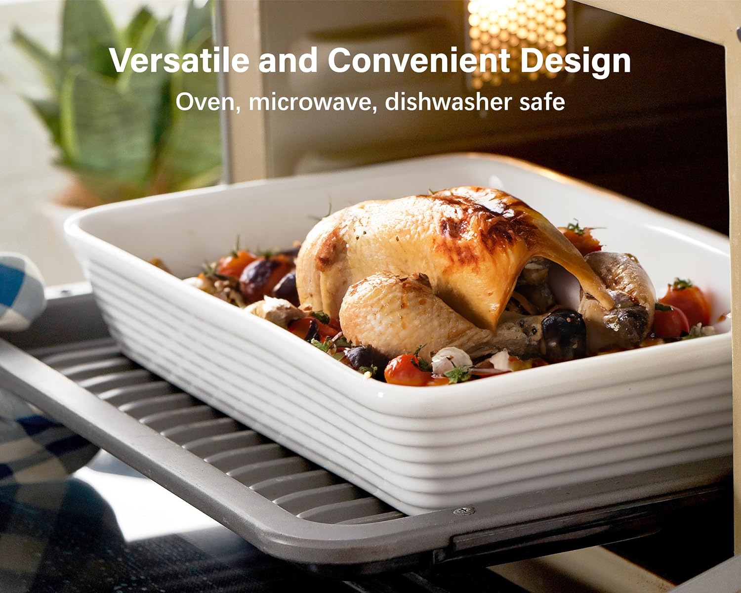 ONEMORE Ceramic Baking Dish - 9x13 Large Rectangular Casserole Pan for Family Meals | Ribbed White Bakeware