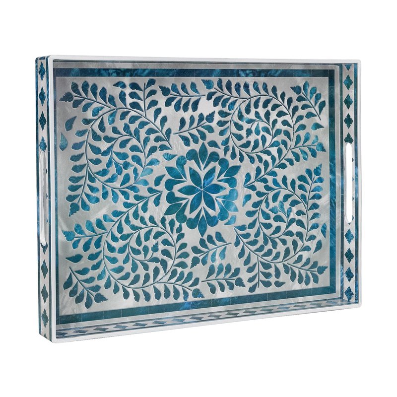 MAONAME Rectangular Decorative Tray, Plastic Serving Tray with Handles, Modern Blue Trays for Ottoman, Coffee Table Trays for Living Room, Home Decor, 15.7" x 11.8" x 1.6"