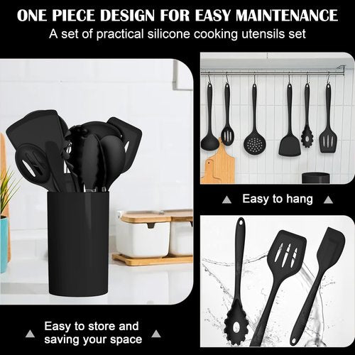 HaWare Kitchen Utensils, 14 PCS Silicone Cooking Utensils Set, Heat Resistant Kitchen Utensils for Non-stick Cookware, Kitchen Gadgets Tools with Spoons, Spatulas, Whisk, Dishwasher Safe (Black)