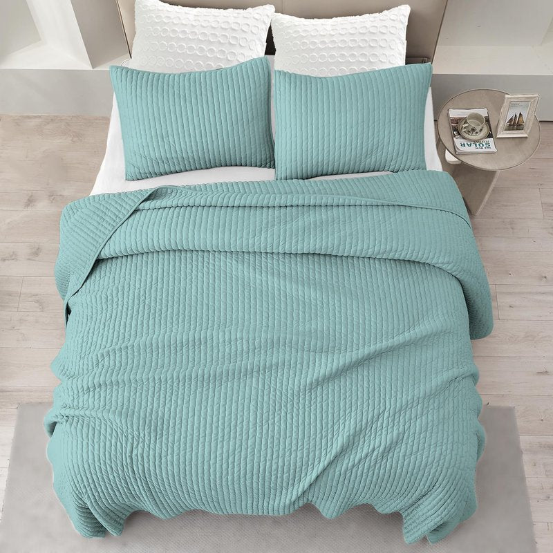 Wonderful 3PC Jersey Knit Reversible Queen Quilt Set, Lightweight Summer Comforter, Luxurious Breathable, Soft Cozy Stretchy, Carbon Brushing, Fade Resistant, Machine Washable (Dusty Turquoise, Full)