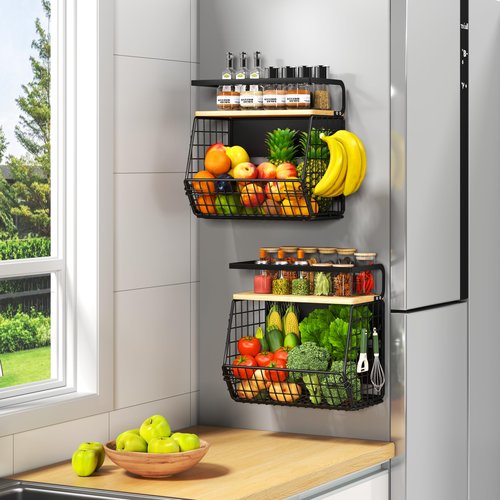 DecruKaltiz Magnetic Shelf for Fridge with Bamboo Lid,Fruit Vegetable Potato and Onion Wire Basket, Refrigerator Magnetic Spice Rack for Countertops, Cabinets, Laundry Rooms and RVs (Black, 2 Pack)